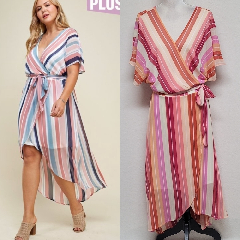 Luxology Sunset Vertical Striped Surplice Neckline Tie-Waist Faux Wrap Dress 14